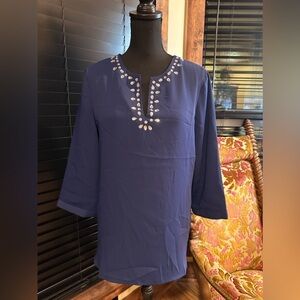 EUC Adrienne Vittadini  Blue rhinestone V-Neck Long Sleeve  tunic Blouse Size L